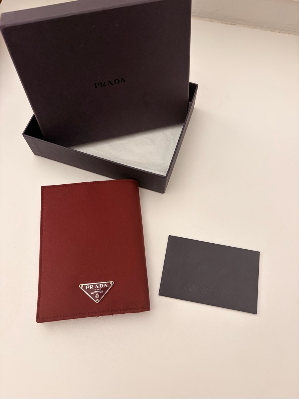 Prada Burgundy Leather Card & Passport Cover with Silver Triangle Logo